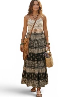 Papa Boho Block Print Cotton Maxi Skirt Black Cream Small Tiered Festival